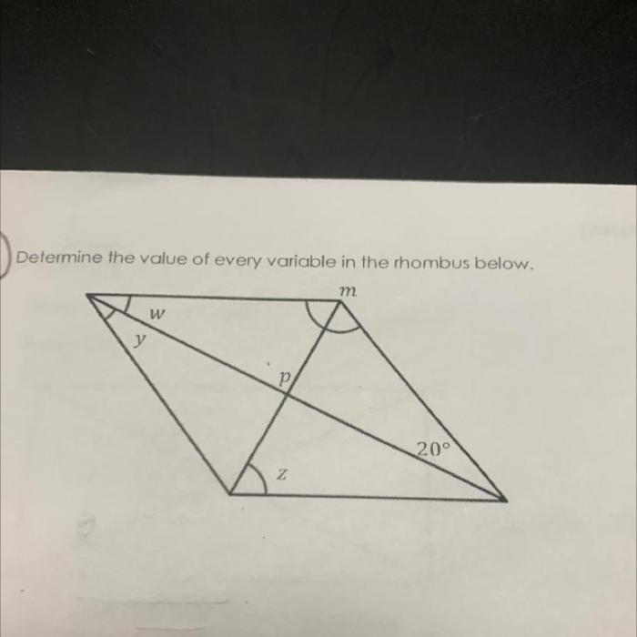 Determine the value of every variable in the rhombus below